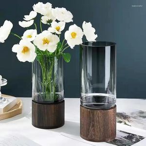 花瓶シンプルなヨーロッパの水耕植物家庭用ルームテーブル挿入花木材ベース透明ガラス花瓶の家の装飾