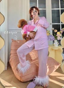 Damen-Nachtwäsche 2023 langärmeliger Straußfeder-Pyjama für Damen, luxuriöse Heimkleidung, rosa kariert