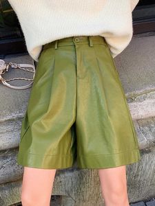 Shorts Pu feminino botão curto de alta qualidade perna larga couro artificial estilo britânico shorts soltos de cintura alta roupas femininas P230606