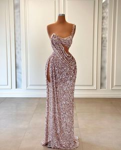 Sexy Mermaid Prom Dresses Sleeveless V Neck One Strap Appliques Sequins Beaded Diamonds Lace Side Slit Floor Length Evening Dress Bridal Gowns Plus Size Custom Made