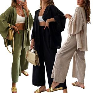 Zweiteilige Damenhose, Damen-Anzug aus Baumwolle und Leinen, Strickjacke, Baggy-Langarm-Oberteil, elastische Taille, weites Bein, langes 2-teiliges Loungewear-Set