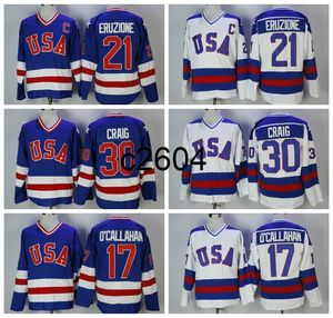 c2604 1980 Vintage USA Hockey-Trikots 21 MIKE ERUZIONE 30 JIM CRAIG 17 JACK O'CALLAHAN Blau Weiß genähtes Trikot C-Patch M-XXXL