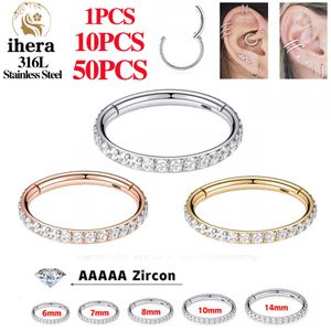 Burun Halkaları Saplamalar 50pcs Paslanmaz Çelik Zirkon CZ Menteşeli Segment Burun Septum Tıklama Yuvarlak Küpeler Çemberler Kulak Tragus Sarmal Mücevher 230605