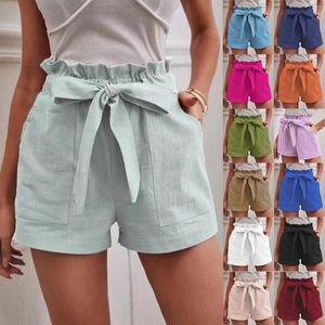 Kvinnors shorts kvinnor avslappnad bekväm snörning elastisk midja sommar med fickor bomull och linnet brett ben