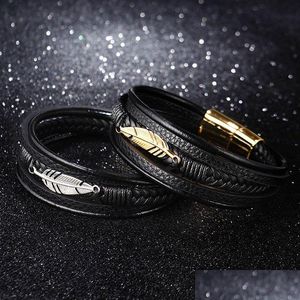 Bangle Gold Stainless Steel Feather Charm Bracelet Cuff Mtilayers Wrap Genuine Leather Bracelets Wristband For Men Fashion Jewelry D Dhgj1