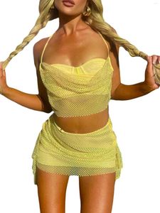 فستان من قطعتين من النساء تنورة 2 جماعة مجموعة مثير Y2K Fairy Fairy Slim Ocleveless Crop Top Mini Mini Matching Club Party v Yellow