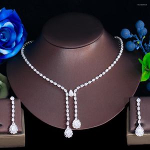 Necklace Earrings Set ThreeGraces Minimalist Shiny Cubic Zirconia Silver Color Long Water Drop Bridal Jewelry For Women TZ897