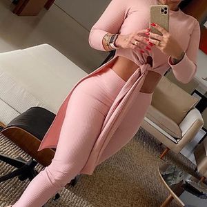 Women's Two Piece Pants Women Round Neck Long-sleeved Split-knot Top High-waisted Trousers Two-piece Suit Female Casual Pants Set Solid Color Ne 230606