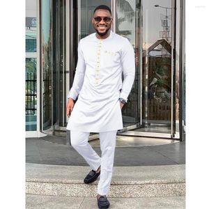Roupas étnicas HD Roupas Africanas Para Homens Dashiki Bazin Top Pant 2 Peças Outfit Set Branco Azul Bordado Camisa Com Calça De Casamento