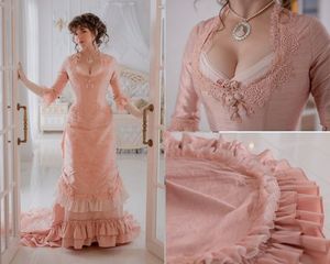 Blush Pink Silk Victorian Prom Party Dresses Victorian Costume Ball Gown Bustle Långärmning Lace-Up Corset Evening Gown