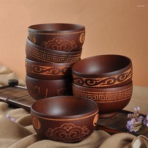 Tigelas Estilo étnico Sour Jujuba Tigela de madeira com padrão esculpido Mongol Talheres especiais para chá com leite