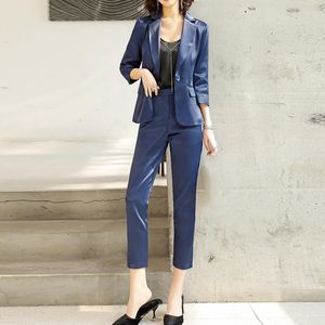 Conjunto de calças femininas de duas peças conjunto de calças femininas primavera feminina profissional escritório senhora pequena blazer fino terno azul jaqueta lápis pés