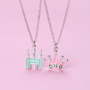 Anhänger Halsketten Luoluobaby 2 Teile/satz Cartoon Schloss Krone Form Nette Freund Halskette BFF Freundschaft Silber Farbe Schmuck Geschenke Für