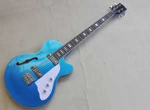 5 Strings Metal Blue Semi Hollow Electric Bass Guitar with 22 Frets Rosewood Fretboard Customizable