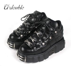 Stiefel U-DOUBLE Marke Punk Stil Frauen Schuhe Lace-up ferse höhe 6CM Plattform Schuhe Frau Gothic Stiefeletten Metall dekor Frau Turnschuhe Z0605