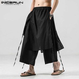 INCERUN Solid Color Men Casual Pants Joggers Elastic Waist Loose Irregular Skirt Trousers Men Streetwear Harajuku Wide Leg Pants L230520