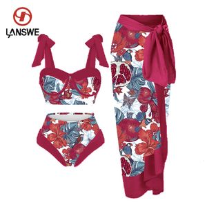 TwoPiece Suits Lanswe Retro Swimwear Women Bikini Beach Dress Swimming Costume Wine Red Pomegranate Painting Style Summer Swimsuit 230605