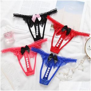 Women'S G-Strings Lace Low Rise Pearl G String Bow Knot Open Crotch Sexy Panties For Woman Underwears Lingeries Black Red Drop Deliv Dhg49