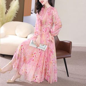 Casual Dresses Real Silk Dress 2023 Spring Maxi For Women Clothing High-end Fairy Floral Long Sleeve Elegant Zm3318