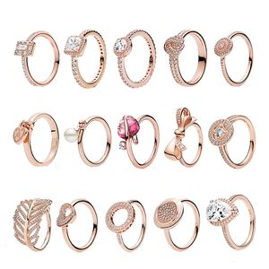 Pandora-925 Sterling Silver Rings Van Pandoradis nya Rose Gold Charm Glazed Fallen Leaf Ring Par Ring