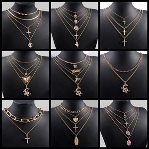 Ketten Flatfoosie Boho Mehrschichtige Kristall-Drachen-Anhänger-Halsketten für Frauen Kreuzporträt Metall-Choker-Halskette Modeschmuck