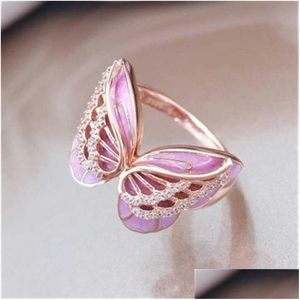 Cluster Rings Crystal Butterfly Ring Emamel Animal Wedding Present For Women Fashion Jewelry Drop Delivery DH1PA