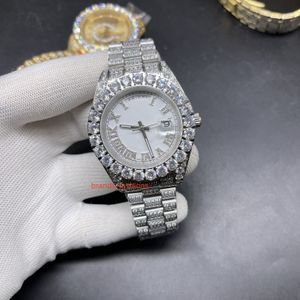 Relógios masculinos de prata Iced Out CZ Diamonds Pulseira de aço inoxidável Mostrador branco Relógio hip hop estilo rap Diamante Relógios automáticos