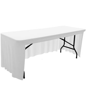 Tischdecke Spandex-Stretchstoff-Tischdecke 4FT 5FT 6FT 8FT elastische Tischdecke für Hochzeitsfeierbankett weiße einfarbige Tischdecken 230605