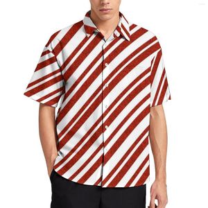 Men's Casual Shirts Red And White Line Loose Shirt Men Vacation Candy Cane Stripe Hawaii Graphic Short-Sleeve Vintage Oversize Blouses