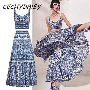 Two Piece Dress Pieces Skirt Sets Women Sexy Short Spaghetti strap Top Blue and White Porcelain Skirts Suit Outfits Traf Runway Fashion 230605