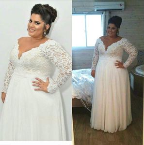 Bohemian Plus Size Brautkleider 2023 Günstige Langarm V-Ausschnitt A-Linie Spitze Brautkleider Bodenlanges Strandhochzeitskleid