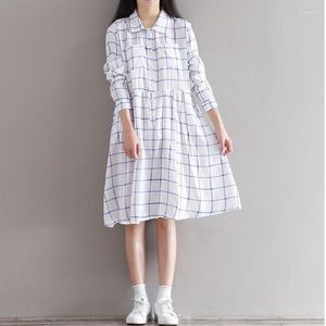 Casual Dresses Vintage Autumn Sweet Women Lattice Dress Turn-Down Collar Long Sleeve Loose Female Robe Cotton Linen Mori Girl Dresse