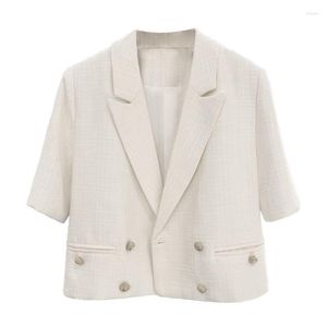 Kadın Ceketleri Bej Kısa Takım Eyalet Kadın 2023 Yaz Tasarım Sens İngiliz Klasik Stil Kollu İnce