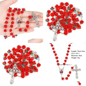 Pendant Necklaces Rose Beads Rosary Necklace Christian Cross Soft Y Rosaries Long Religious Jewelry For Women Girls Fashion Will And Dhoft