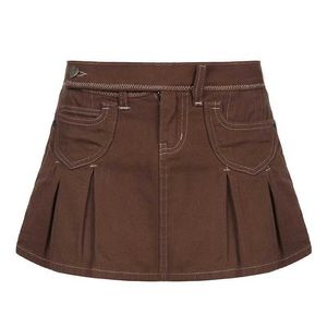 Spódnice Summer denim Womens Prep Mini plisowana sukienka seksowna akademicka dziewczyna Brown Miniskirt Street Modna spódnica G220605 IV68