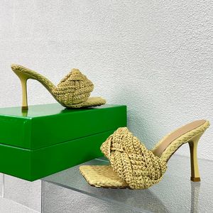 Geflochtene Damen-Sandalen, Stiletto-Absätze, 9 cm, Hausschuhe, Designer-Quadratische Zehen, Slip-On-Slingbacks, Abendschuhe, Outdoor-Damen für Party, rutschfeste Gummi-Außensohle, Freizeitschuh