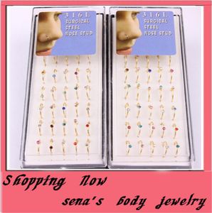 hoop nose ring 48pcslot mix 6 color CZ gem body jewelry piercing nose stud gold nose rings3019874
