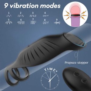 Itens sexo brinquedo massageador vibratório triplo galo anel pênis casal vibrador 9 modos de vibração manga extensor atraso ejaculação brinquedos para homem