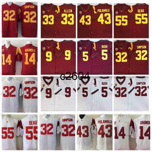 c2604 NCAA Mens USC Trojans College Football Maglie 32 OJ Simpson 9 JuJu SmithSchuster 5 Reggie Bush 55 Junior Seau 43 Troy Polamalu 14 Sam Darnold 33 Marcus Allen Shir