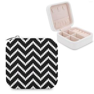 Jewelry Pouches Minimal Aztec Tribal Geometric Black And White Zigzag Storage Box Portable Pu Leather Organizer Travel Case