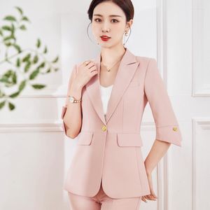 Kvinnors tvåbitar byxor Pink Suit Business Coat for Women Spring and Summer Fashion Elegant Slim Fit Slimning Middle Sleeve Overalls