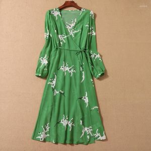 Casual Dresses Qualities Women Fashion Silk Flower Print Long Sleeve Wrap V Neck Green Midi Dress With Waist Tie