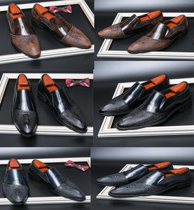Top Designers Shoes Men Glossy Loafers Genuine Leather Pointed Brown black Blue Business Office Formal Dress Shoes Party Wedding Flat Shoe With Size 38-48