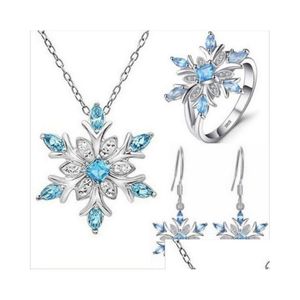 Collane con ciondolo 3 pezzi / set Trendy Ocean Blue Snowflake Set Womens Girls Ring Collana Gioielli per accessori per feste di Natale Drop Dhvz2