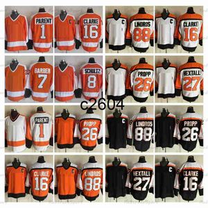 c2604 Maglie da hockey da uomo vintage 16 Bobby Clarke 1 Bernie Parent 8 Dave Schultz 7 Bill Barber 27 Ron Hextall 88 Eric Lindros 26 Brian Propp Nero Bianco Arancione cucito J