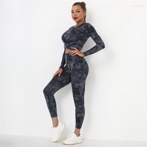 Active Sets Women's Tie Dye Seamless Yoga Tight Set Nude Sport Long Sleeve Cross Fitness Pants Women