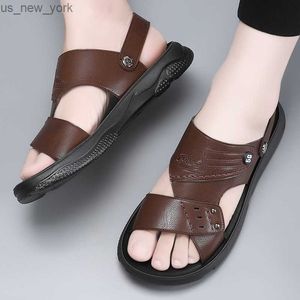 023 Summer New Sandals Men's Cowhide Casual Beach Shoes äkta läder Tjock sula Anti Slip Male Open Toe Shoes Black Brown L230518