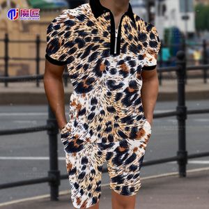 Tute da uomo Summer Leopard Print Colorful 3D Zipper Risvolto Camicia a maniche corte Pantaloncini Tuta sportiva HipHop 2 pezzi 230605