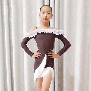 Vestuário de palco Roupas de dança latina infantil Outono Tops de manga comprida Saias com borlas Terno Performance Vestido DN13125