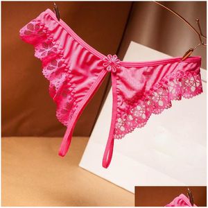 Women'S G-Strings Lace Open Crotch Panties G Strings Sexy Ruffles Low Rise See Through T Back Women Underwear Lingerie Clothes Will Dhgre